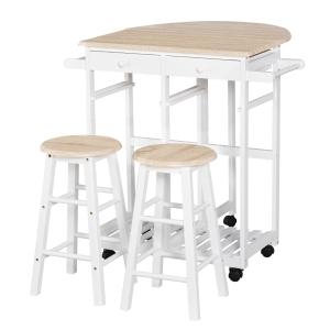 Ensemble table de bar pliable roulettes + 2 tabourets blanc chêne clair