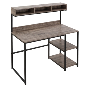 Bureau informatique industriel - 3 niches, 2 étagères - métal noir aspect bois gris