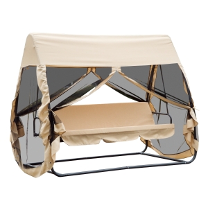 Outsunny Balancelle de jardin convertible 3 places grand confort : matelas assise dossier, moustiquaire intégrale zippée avec toit, pochette rangement métal époxy polyester beige