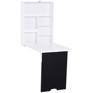 Homcom Bureau mural pliable table murale rabattable suspendue sur pied étagère + tableau à craie intégré MDF blanc