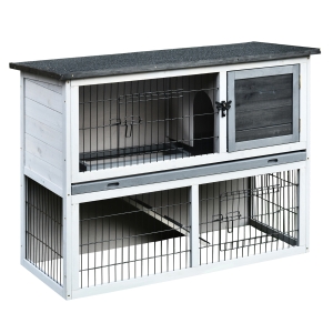 Pawhut Clapier à lapin cage à lapin 2 étages 3 portes verrouillables plateau coulissant rampe et toit ouvrant bois de sapin gris blanc