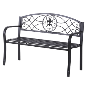 Outsunny Banc de jardin 3 places style néo-rétro fer forgé motif fleurs de lys dim. 128L x 50l x 91H cm métal époxy noir