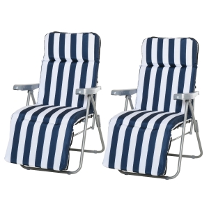 Outsunny Lot de 2 Chaises Bain de Soleil Rayée Bleu et Blanc