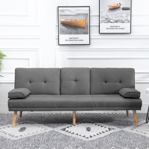 Homcom Canapé convertible 3 places design scandinave inclinaison dossier réglable 3 niveaux dossier centrale rabattable 2 porte-verres bois massif lin gris foncé