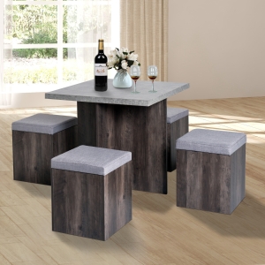 Ensemble table à manger 4 places poufs encastrables coussins aspect bois béton ciré