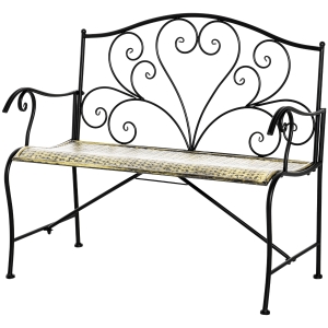 Banc de jardin 2 places style fer forgé métal noir doré vieilli