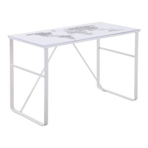 Bureau plateau verre trempé décor mappemonde lettres métal blanc