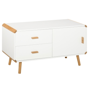 Meuble TV bas sur pieds style scandinave 2 tiroirs et placard blanc bois massif bambou