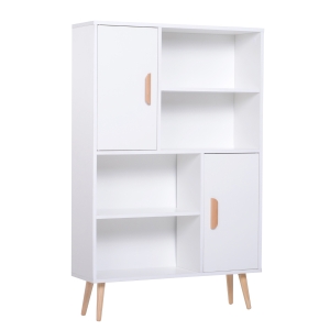 Homcom Bibliothèque scandinave 4 niches + 2 placards avec étagère dim. 80L x 24l x 123H cm pieds effilés inclinés bois massif panneaux particules blanc