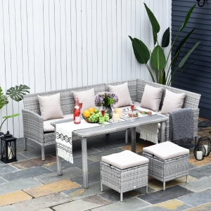 Salon de jardin 6 pers. canapé d'angle + 2 poufs + table à manger résine tressée gris