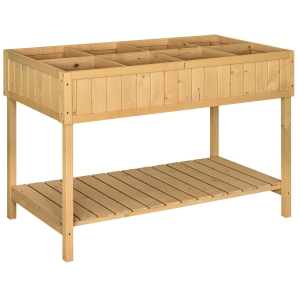 Jardinière sur pieds carré potager avec étagère 8 compartiments & inserts d'irrigation sapin