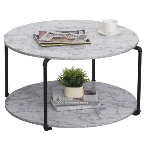 Table basse ronde avec étagère imitation marbre blanc métal noir