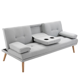 Homcom Canapé convertible 3 places design scandinave inclinaison dossier réglable 3 niveaux dossier centrale rabattable 2 porte-verres bois massif lin gris clair