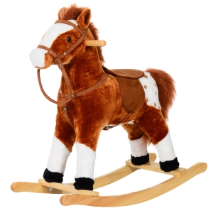 HOMCOM Cheval à Bascule Cheval de Cowboy Effet sonore Selle rênes Marron Blanc