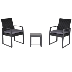Salon de jardin 2 places avec table basse + coussins gris noir