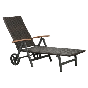 Bain de soleil pliable dossier réglable accoudoirs roues résine tressée