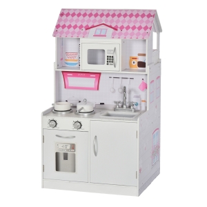 Cuisine bois jeu d'imitation - maison de poupée cuisine enfant 2 en 1 rose blanc