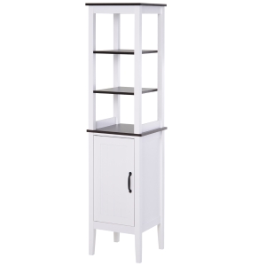 Meuble colonne rangement salle de bain 3 étagères + placard blanc aspect noyer