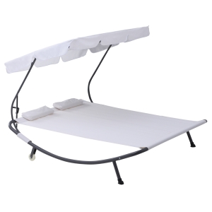 Outsunny Bain de soleil 2 places lit de jardin design contemporain toit réglable 2 roulettes 2 oreillers acier époxy polyester crème