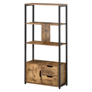 Bibliothèque style industriel 3 étagères placard porte 2 tiroirs aspect bois acier