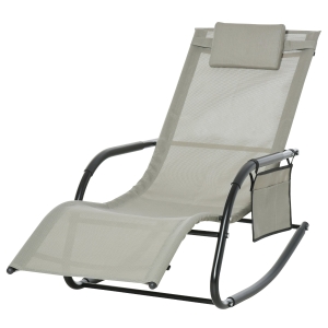 Chaise longue à bascule tétière amovible, accoudoirs, rangement textilène gris