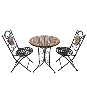 Outsunny Salon de jardin 2 pers. 3 pièces ensemble bistrot style fer forgé mosaïque 2 chaises + table ronde pliables métal époxy anticorrosion noir