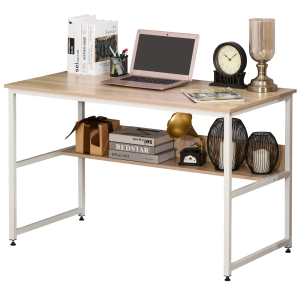 Table informatique bureau avec étagère métal blanc imitation chêne clair