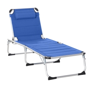 Bain de soleil pliable dossier réglable matelassage tétière alu textilène bleu