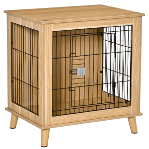 PawHut Cage pour chien sur pied style scandinave acier noir aspect bois clair