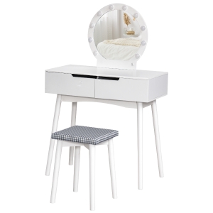 Coiffeuse design contemporain 2 tiroirs miroir LED + tabouret inclus MDF pin blanc