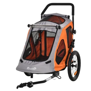 PawHut 2 IN 1 Dog Bicycle Trailer Pet Carrier Stroller 360Â° Rotatable Front Wheel Reflectors Parking Brake Straps Cup Holder Water Resistant Orange