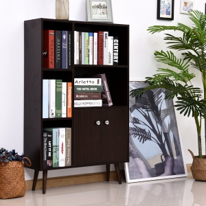 HOMCOM Open Bookcase Cabinet Shelves W/ Two Doors, 80W x 23.5D x 118Hcm-Walnut