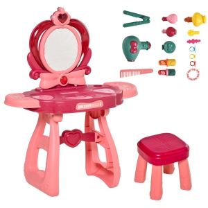 HOMCOM 36 Pcs Kids Vanity Musical Dressing Table With Stool Lights Wine Red & Pink