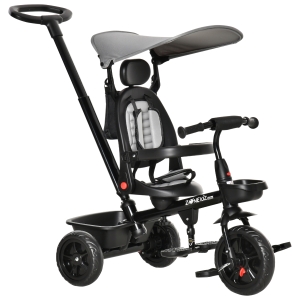 HOMCOM Four-In-One Tricycle w/ Reversible Seat Adjustable Canopy Removable Handle -Grey