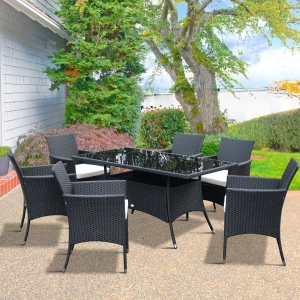 Outsunny Rattan Dining Set Garden Furniture Patio set 1 table and 6 chairs with Cushions-Black/Cream