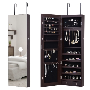 HOMCOM Mirrored Jewellery Storage Cabinet Door Mounted/Wall mounted Organiser Hanging Lockable w/ 6 Inner LED Lights Natural Color