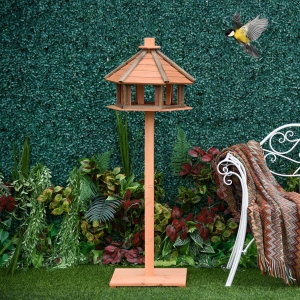 PawHut Wooden Bird Feeder Bird Table Bird House with Water-resistant Roof Brown