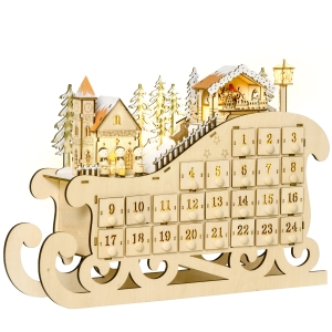 HOMCOM Christmas Advent Calendar, Light Up Wooden Sled w/ Countdown Drawer, Village