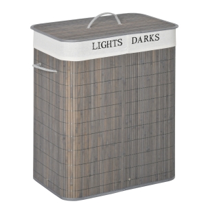 HOMCOM 100L Bamboo Laundry Basket 2 Compartment Flip Lid Removable Lining Handles, Grey