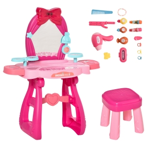 HOMCOM 36 Pcs Kids Vanity Musical Dressing Table Magic Mirror Lights Bright Red & Pink