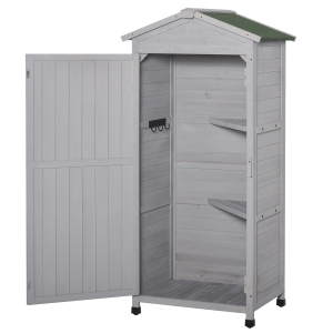 Outsunny Wooden Garden Cabinet 3-Tier Storage Shed Lockable Organizer w/ Hooks Foot Pad