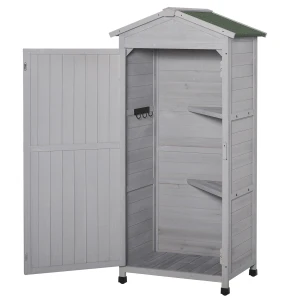 Outsunny Wooden Garden Cabinet 3-Tier Storage Shed 2 Shelves Lockable Organizer with Hooks Foot Pad 74 x 55 x 155cm Light Grey