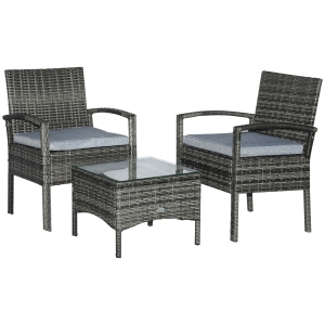 Outsunny 2 Seater Rattan Set Furniture Garden Cushion Bistro Wicker Black Patio Outdoor
