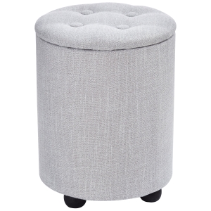 HOMCOM Storage Footstool Ottoman Linen Upholstered Round Stool Grey