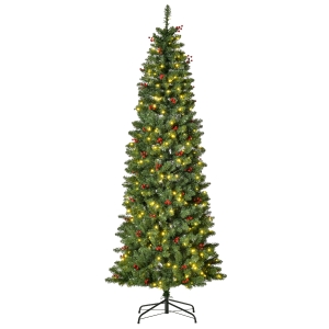 HOMCOM 7FT Prelit Artificial Pencil Christmas Tree w/ LED Light, Berry, Xmas Decor