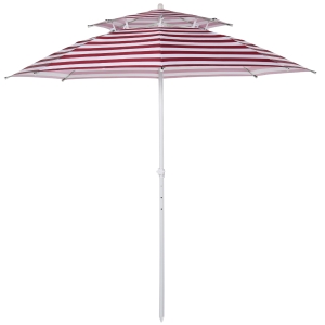 Outsunny Arc. 240cm Beach Umbrella Double-top Adjustable Height w/ Carry Bag Red Stripe