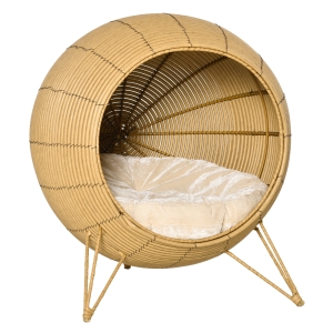 PawHut Wicker Cat Bed Elevated Rattan Kitten Basket with Soft Cushion Light Brown