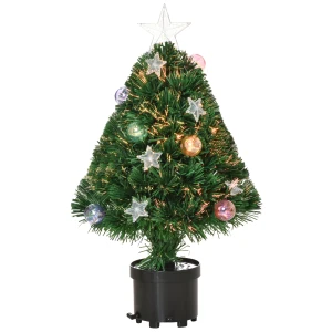 HOMCOM 2FT Pre-lit Artificial Christmas Tree Tabletop Multicoloured Fibre Optic Xmas Decoration w/ LED Lights Pot Table Desk - Green