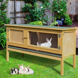 PawHut Rabbit Hutch, 115Lx44.3Wx65H cm, Fir Wood-Yellow/Green