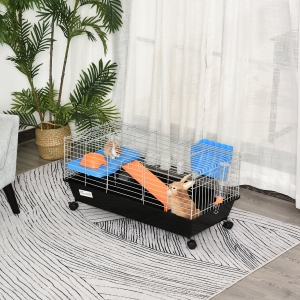 PawHut Steel Small 2-Tier Small Animal Cage w/ Accessories Blue/Orange